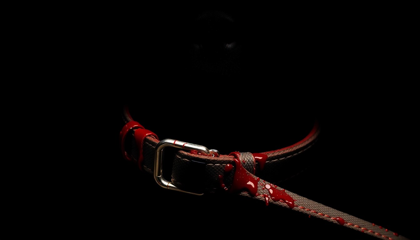 An extreme close-up photograph of a bloodied dog collar or leash, the harsh flash lighting creating a stark, gritty, and investigative aesthetic that conceptually represents the violent crime against the animal victim.