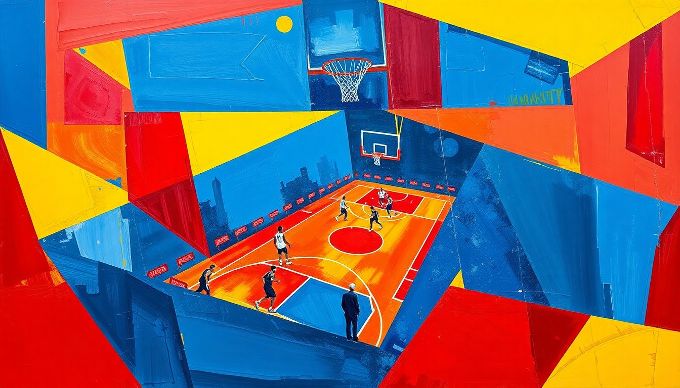 A fractured, geometric painting in bold colors depicting a basketball game or match, with the players and court broken down into sharp, overlapping planes that create a sense of movement and energy.