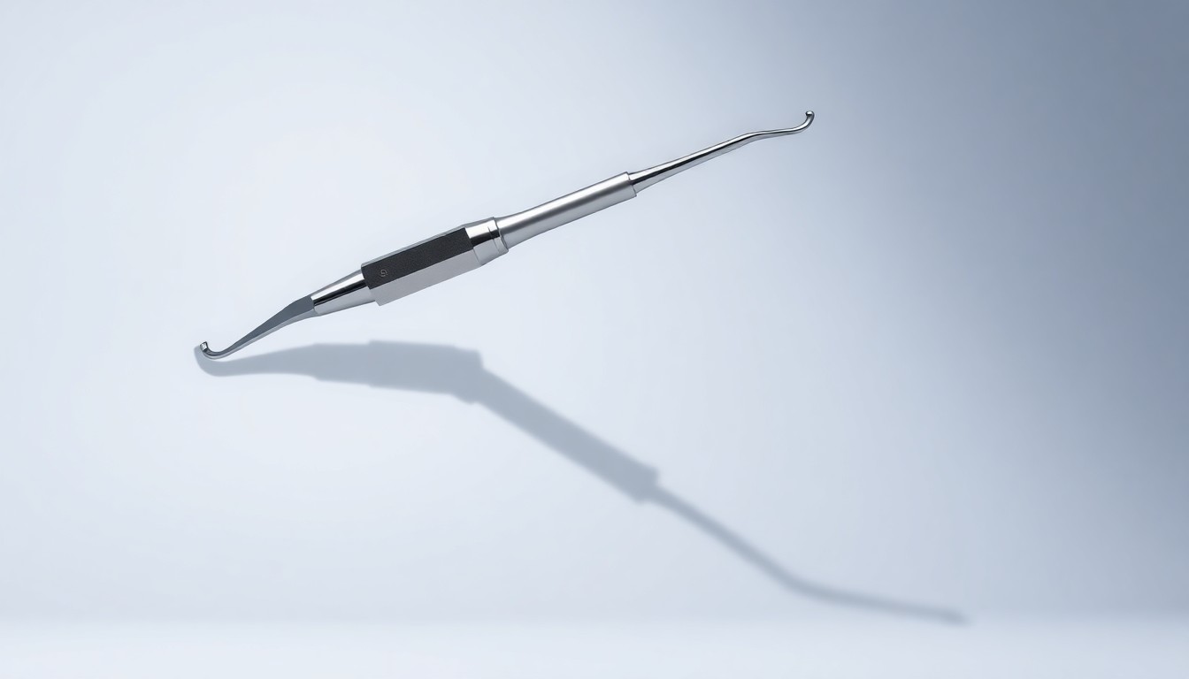 A highly detailed, photorealistic studio photograph of a sleek, modern surgical instrument made of polished metal, floating on a clean, monochromatic background and dramatically lit to convey the precision and innovation of augmented reality technology in spine surgery.
