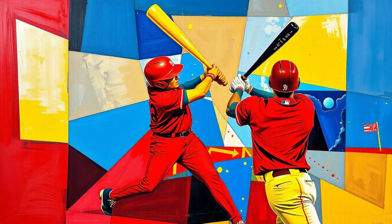 A fractured, multi-angled painting in bold, geometric shapes and colors representing the dynamic motion and power of a baseball swing.