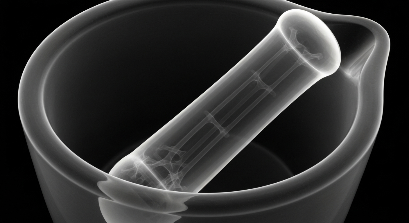 An abstract, ghostly X-ray image showing the detailed internal structure of a mortar and pestle, conceptually representing the intricate process of compounding personalized medications.
