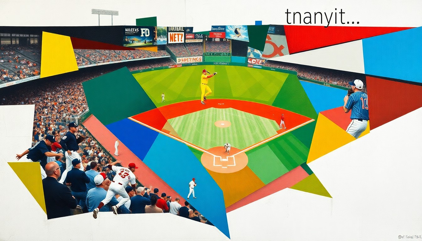 An abstract, cubist-style painting depicting a baseball game in progress, with the players and field broken down into bold, angular shapes and vibrant colors, capturing the raw energy and drama of the action.