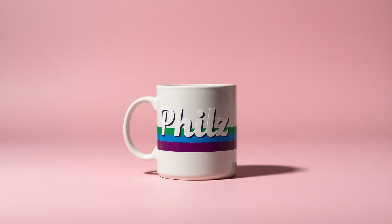 A high-end, photorealistic studio still-life photograph featuring a single Philz Coffee mug with a Pride flag design, placed on a clean, monochromatic seamless background. The mug is made from polished ceramic and uses sharp, dramatic studio lighting and deep shadows to represent the abstract concept of corporate decision-making and its impact on LGBTQIA+ communities.