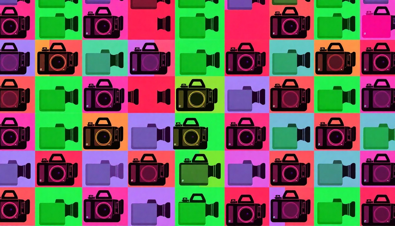 A vibrant, high-contrast silkscreen print of a vintage film camera icon repeated in a tight grid, using bold neon colors and heavy black outlines to transform the everyday tool of filmmaking into a modern pop art piece.