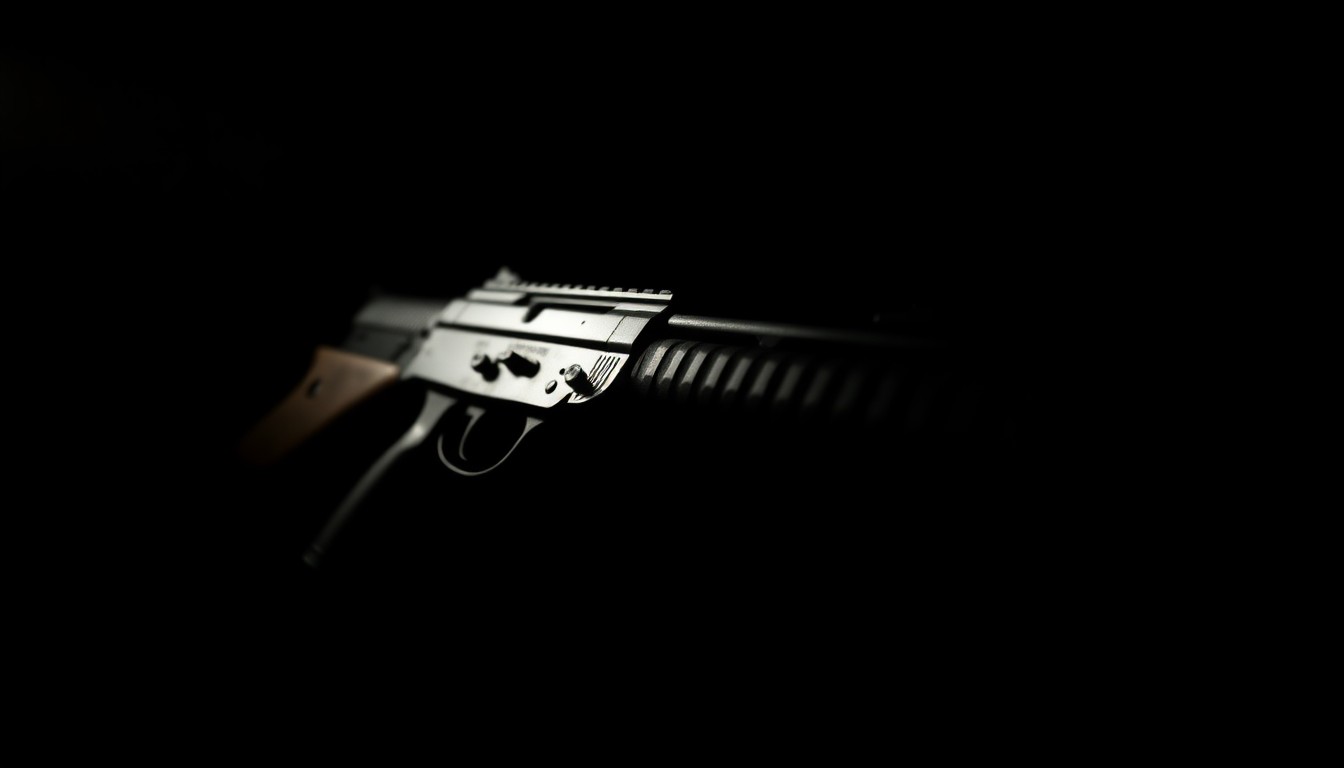 An extreme close-up photograph of a confiscated firearm or car part, lit by a harsh, direct camera flash against a pitch-black background, creating a stark, gritty, investigative aesthetic.