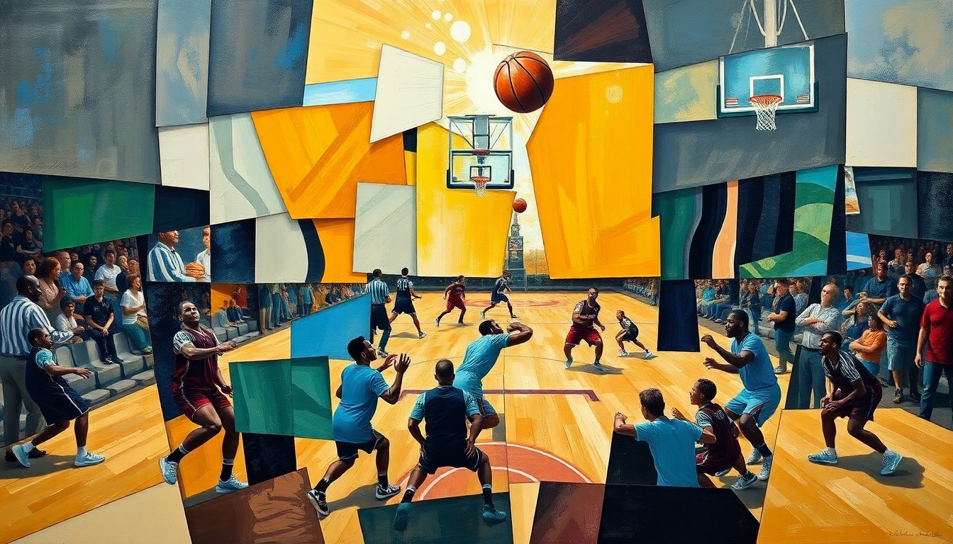 A fragmented, geometric painting depicting basketball players in motion, with sharp lines and planes of color representing the comparable statistics and impacts of Cooper Flagg and LeBron James in their first NBA seasons.