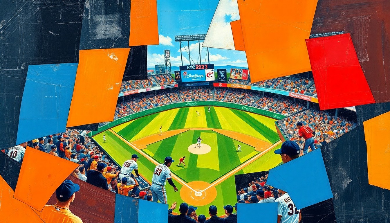 A fragmented, geometric painting in bold colors depicts the motion and intensity of a baseball game, with shapes and planes representing the players, field, and crowd.