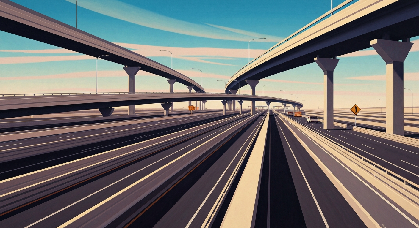 A highly stylized, geometric illustration depicting the sweeping curves and towering infrastructure of a major interstate highway, conveying the sense of disruption and inconvenience caused by the upcoming closure and demolition project.