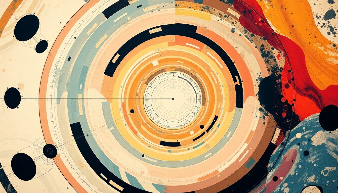 A highly structured abstract painting in soft, flat colors featuring sweeping geometric arcs, concentric circles, and precise spirals, conceptually representing the advanced analytical capabilities of mass spectrometry technology.