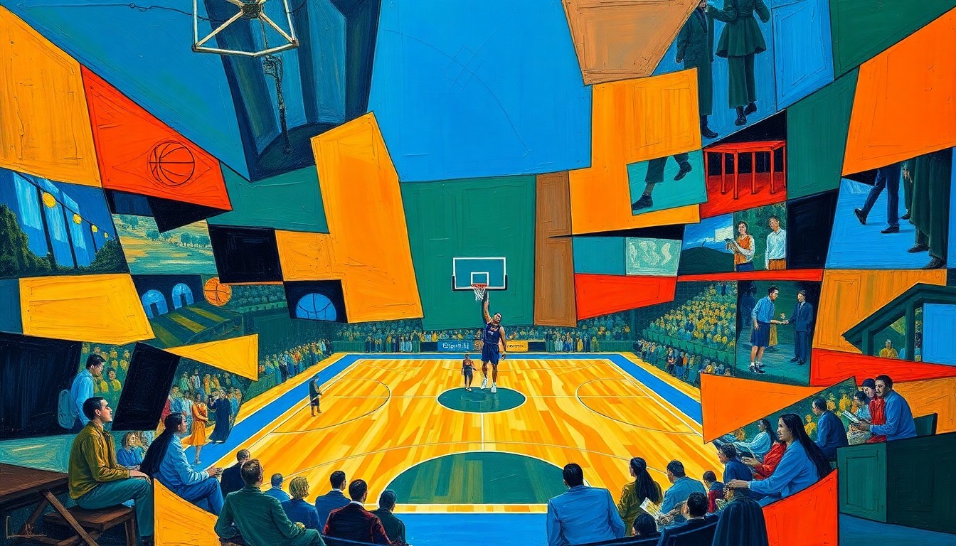 A cubist, geometric painting depicting a basketball player in motion, with sharp, overlapping planes of color representing the dynamic energy of the sport.