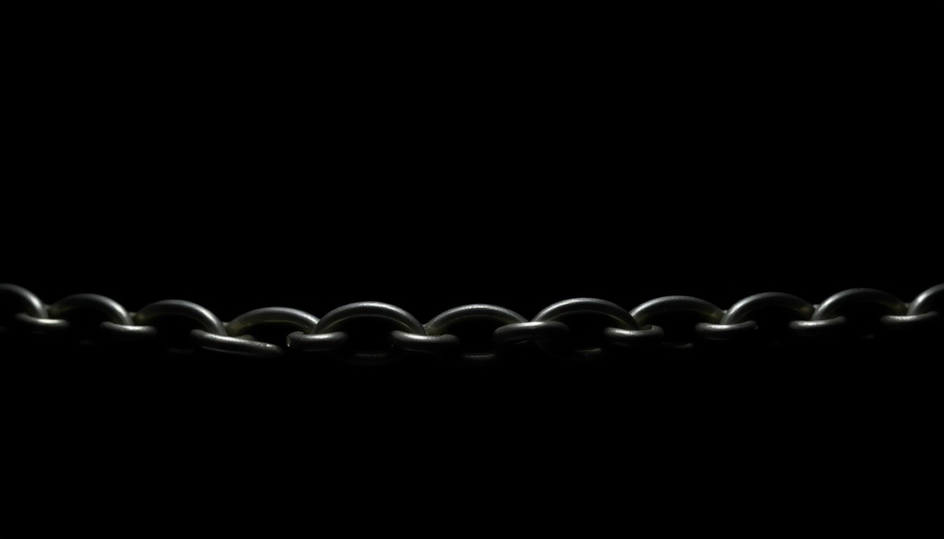 An extreme close-up photograph of a metal chain necklace against a pitch-black background, conveying the stark, gritty, and investigative nature of this tragic incident.