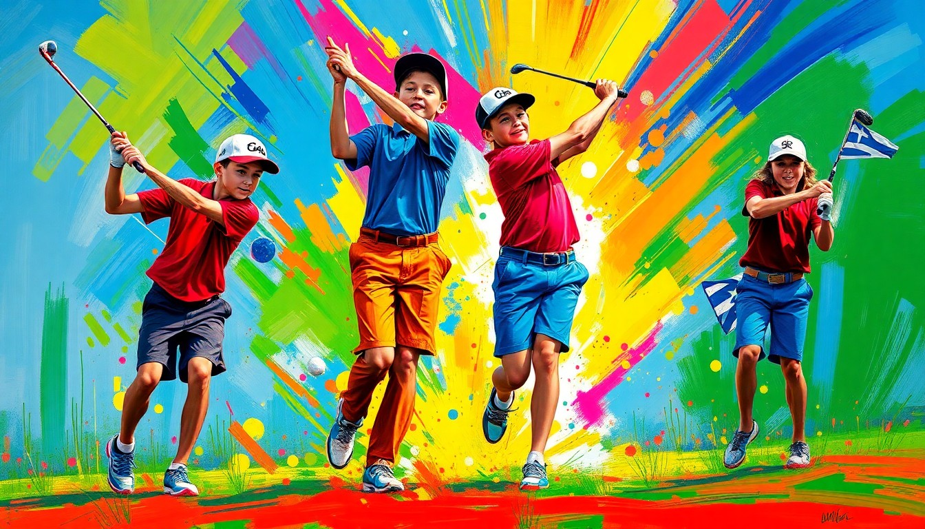 An abstract, energetic painting featuring bold brushstrokes of neon green, orange, and blue, capturing the dynamic motion and intensity of junior golfers competing on a golf course.