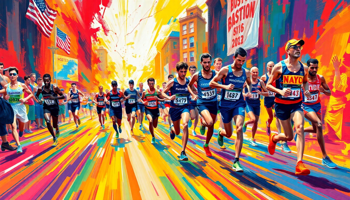 An abstract, expressionist painting featuring vibrant brushstrokes of neon yellow, orange, and pink, capturing the dynamic motion and energy of runners competing in a marathon event.