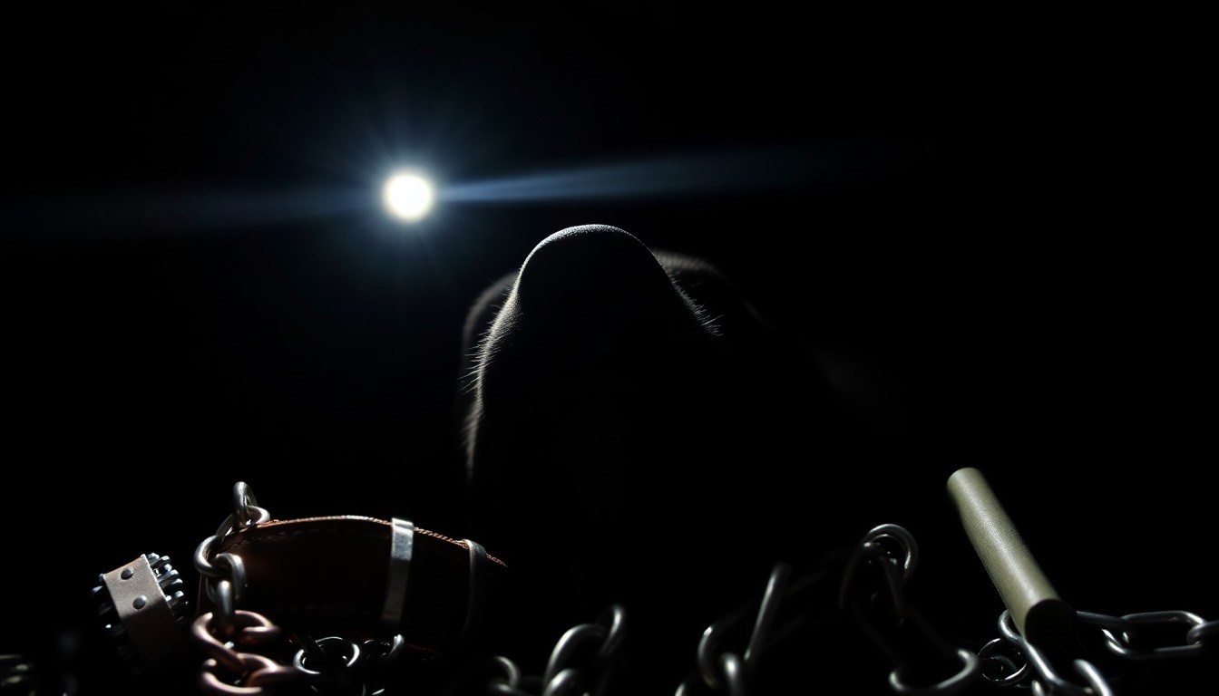 An extreme close-up photograph of a dog collar and chain against a pitch-black background, conceptually representing the harsh realities of the dog-fighting operation uncovered by authorities.