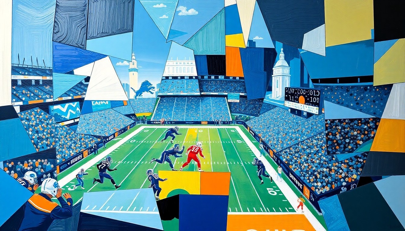 A cubist, geometric painting depicting a football game or match, with the action broken down into sharp, overlapping planes of Honolulu Blue and Silver, the official colors of the Detroit Lions.