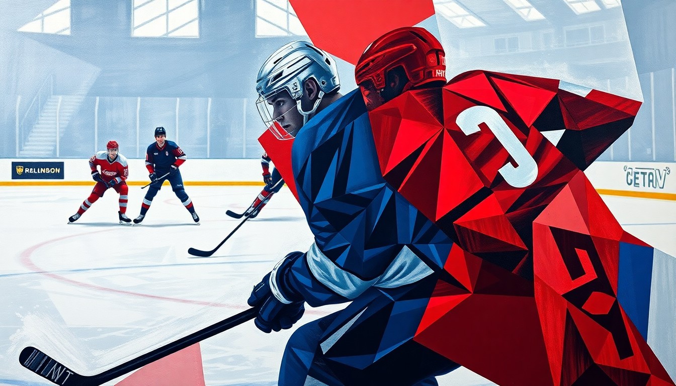 A fragmented, geometric painting depicting a Slovak ice hockey game, with players' forms broken down into sharp, overlapping shapes in navy, red, and silver tones.