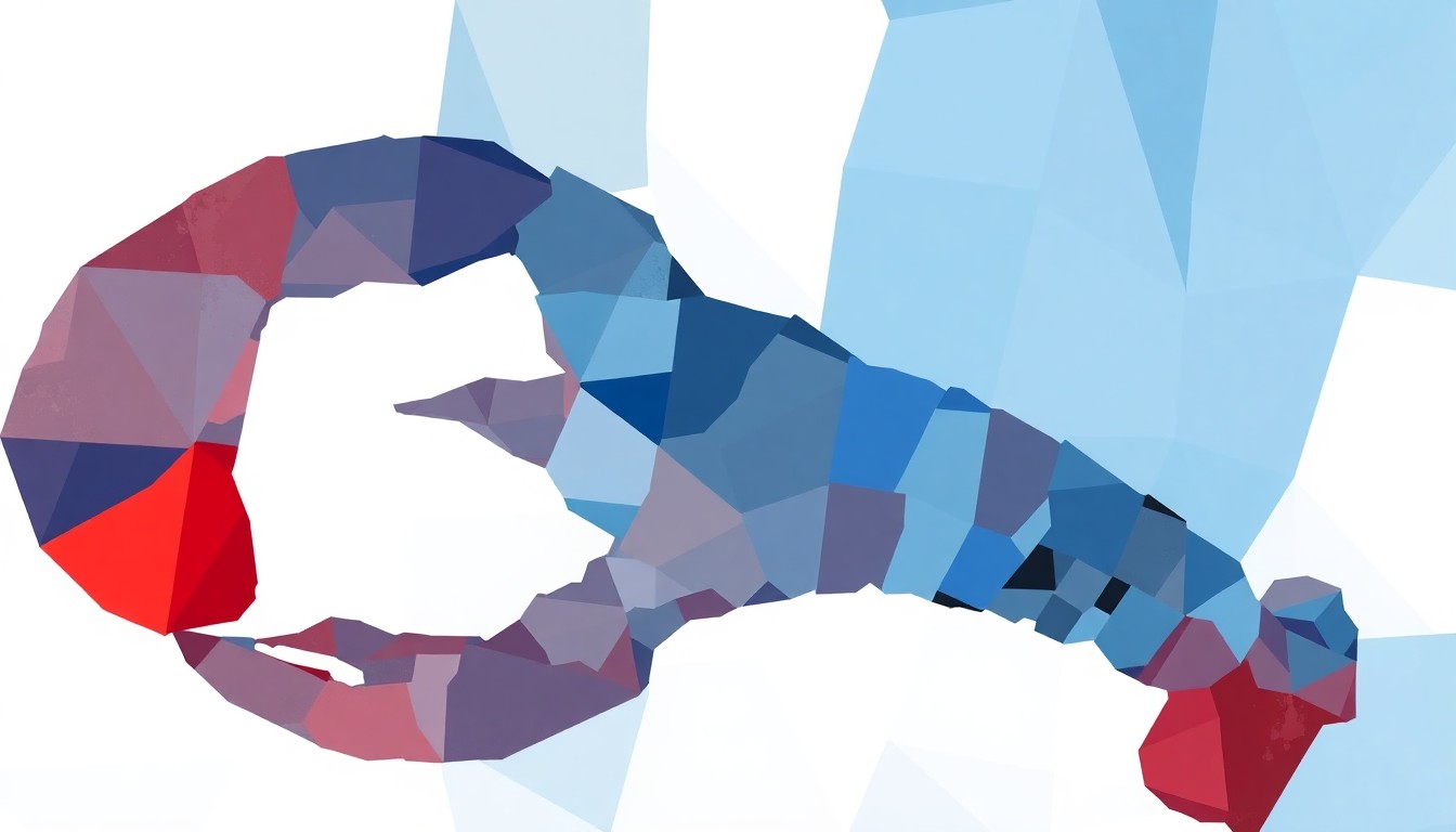 A dynamic, fragmented painting depicting the unusual shape of a redrawn congressional district, with overlapping geometric shapes and waves of blue, gray, and red hues conveying a sense of political tension and division.