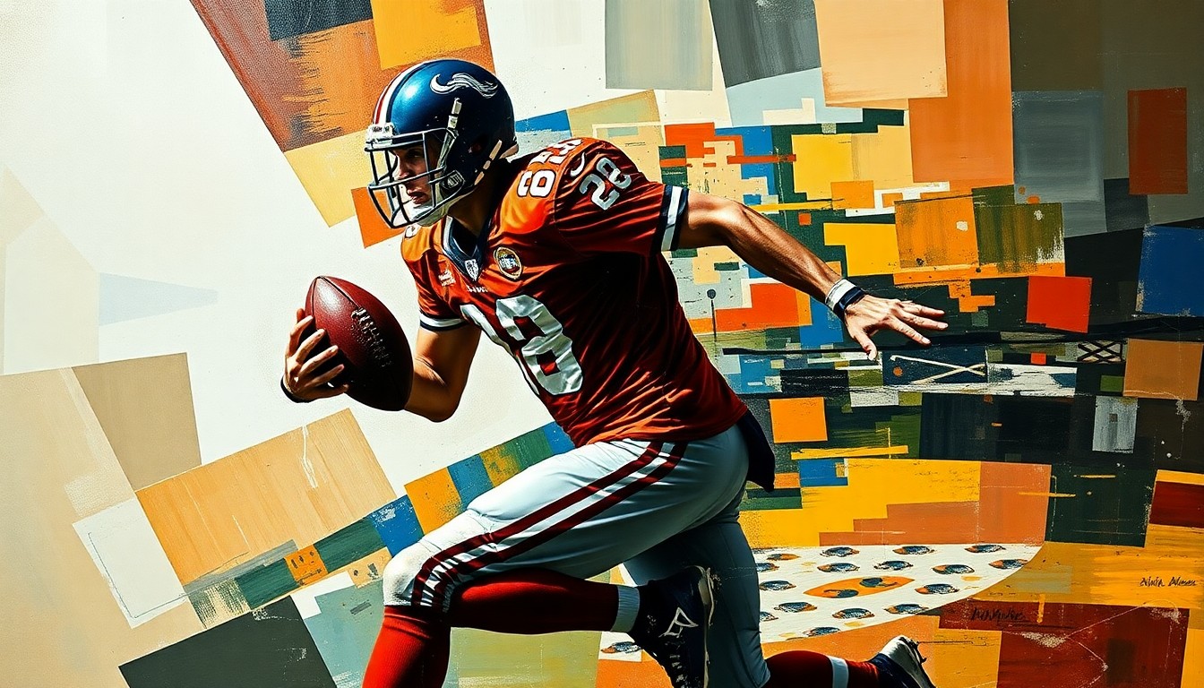 A fragmented, cubist-style painting depicting a football player in motion, with their body broken down into sharp, geometric shapes and planes of color, conveying a sense of the player's athleticism and the tragedy of their untimely passing.