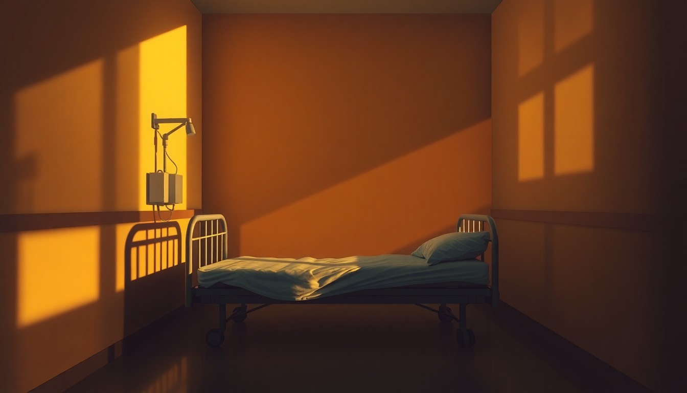A serene, cinematic painting of an empty hospital bed in a dimly lit room, the bed bathed in warm, diagonal sunlight and deep shadows, conveying a sense of melancholy and the absence of proper medical care.