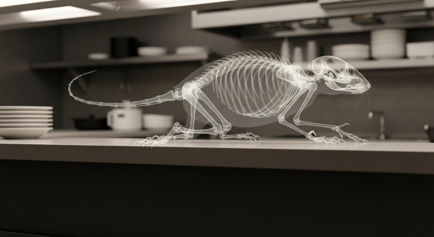 A ghostly, translucent X-ray image revealing the skeletal structure of a rodent crawling across a restaurant kitchen counter, conceptually illustrating the unseen health hazards of a pest infestation.
