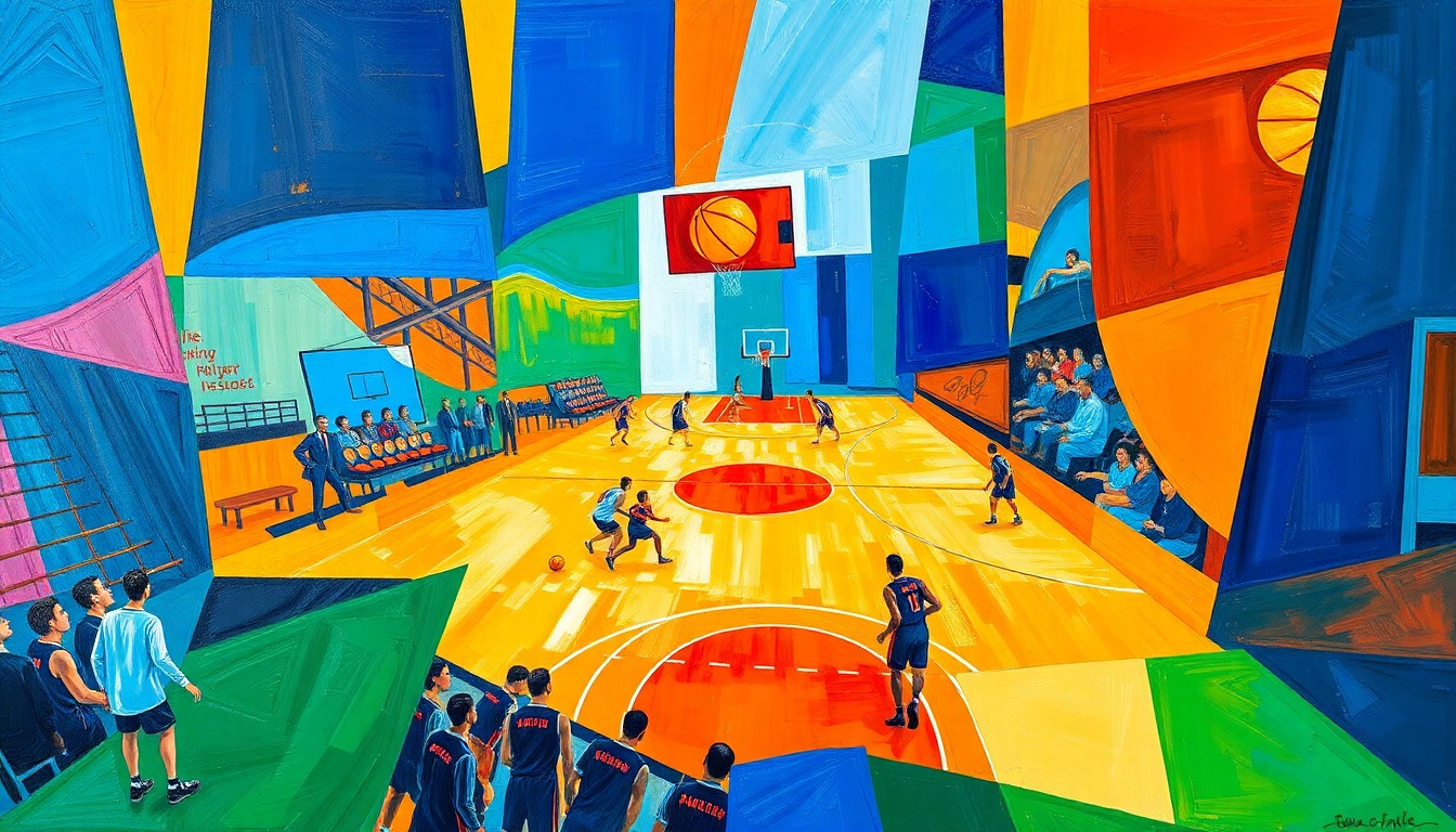A cubist, geometric painting depicting a basketball game or competition, with sharp, overlapping planes of color and form that capture the dynamic energy of the sport.