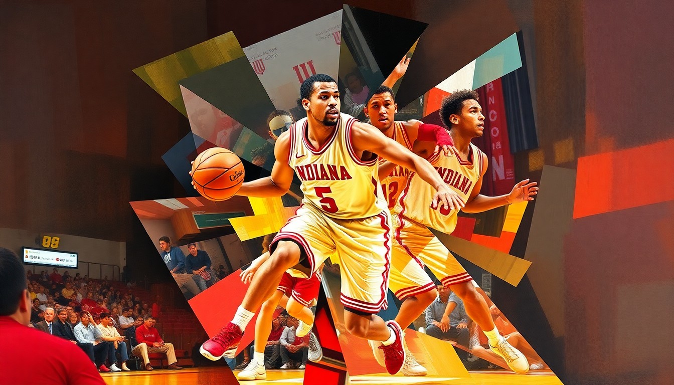A cubist, geometric painting depicting the movements and actions of a basketball player in Indiana's crimson and cream uniforms, with the shapes and planes of the figure broken down into an abstract, multi-perspective composition.