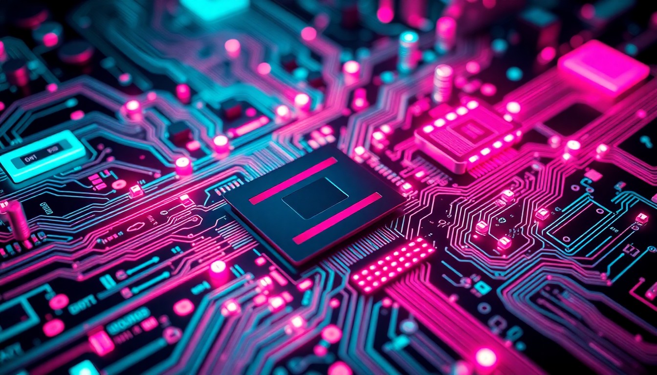 A highly detailed, glowing 3D macro illustration of a complex circuit board with pulsing neon cyan and magenta lights, conceptually representing the digital infrastructure and AI-powered tools transforming the modern workplace.