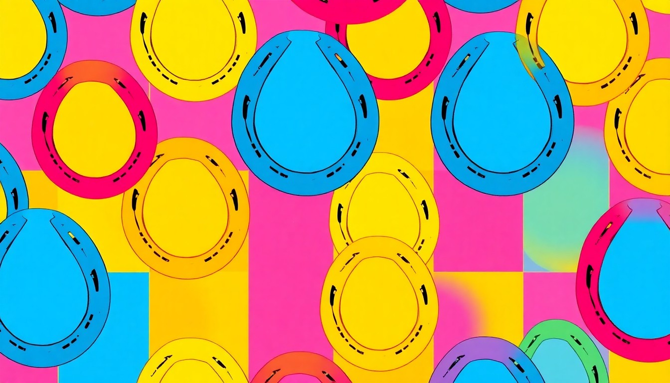 A high-contrast, brightly colored silkscreen print featuring a repeated image of a draft horse harness or horseshoe, conceptually representing the agricultural focus and community spirit of the Wilmington Classic Draft Horse Show.