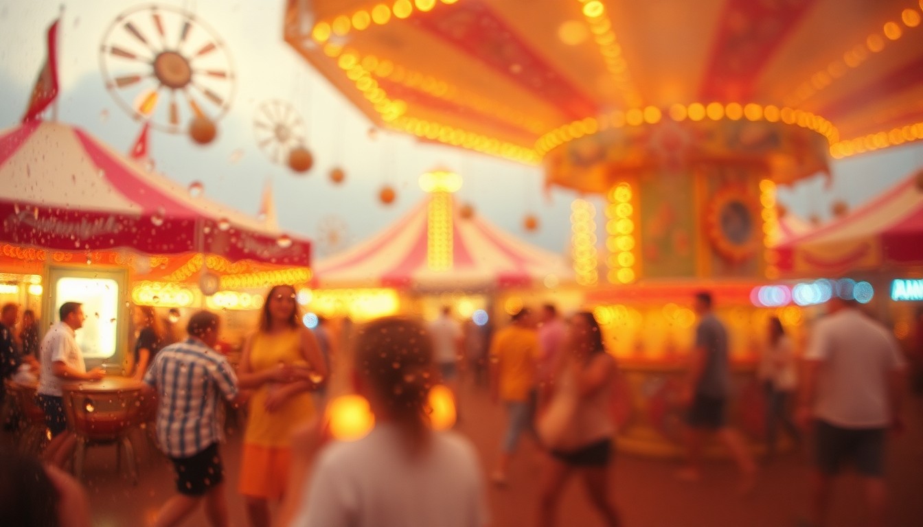 An impressionistic, out-of-focus scene featuring blurred shapes and muted colors that evoke the festive atmosphere of an outdoor carnival.