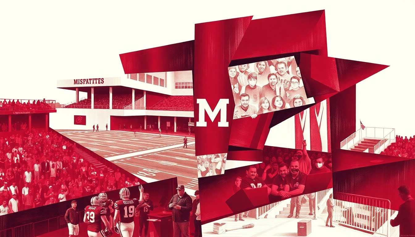A fragmented, geometric painting in maroon and white tones, depicting the various elements of a college athletic program in an abstract, deconstructed style.