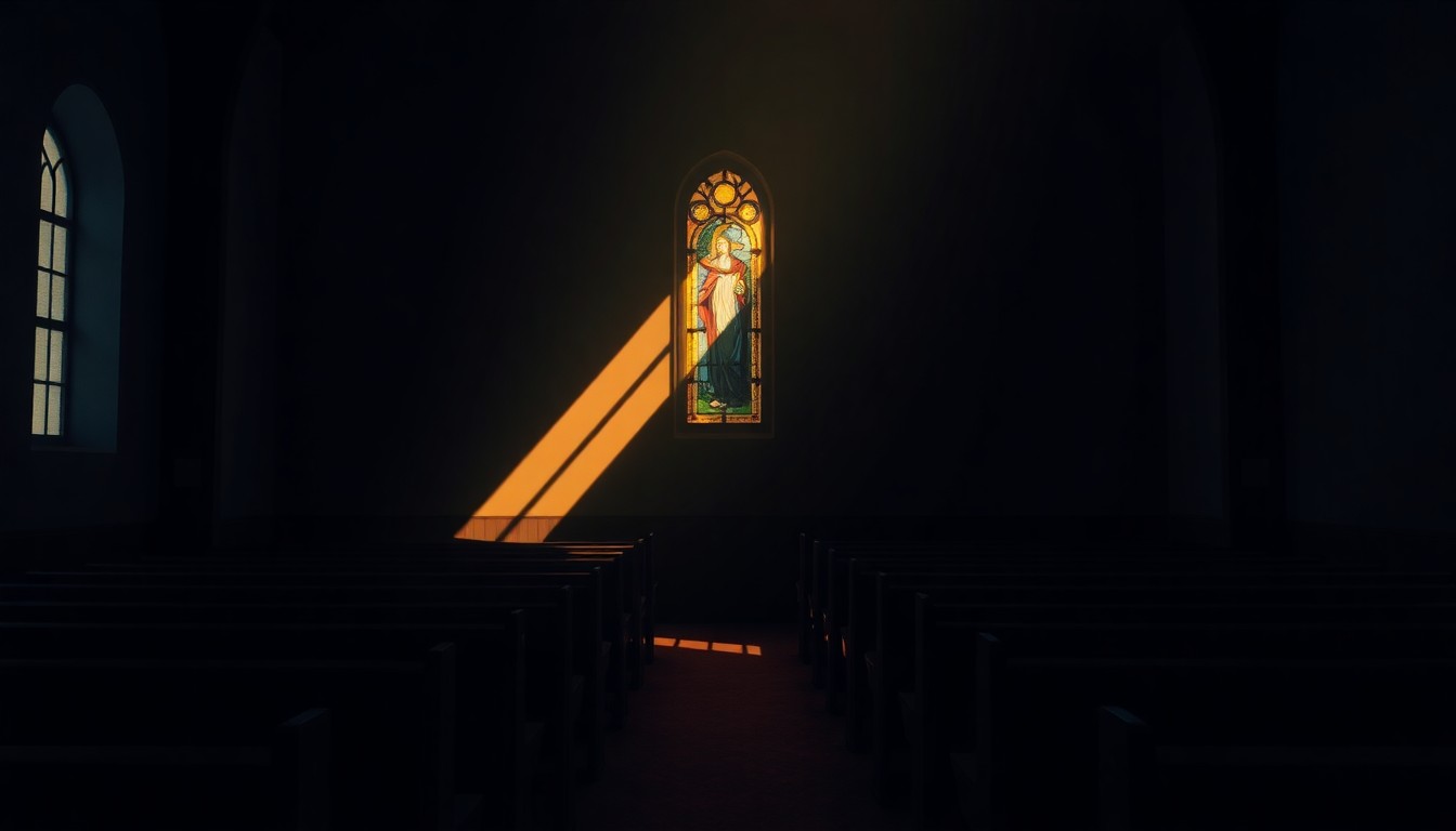 A dimly lit, cinematic interior of a Catholic church with a single stained glass window casting warm, diagonal light across the empty pews, evoking a sense of quiet contemplation and spiritual reflection.