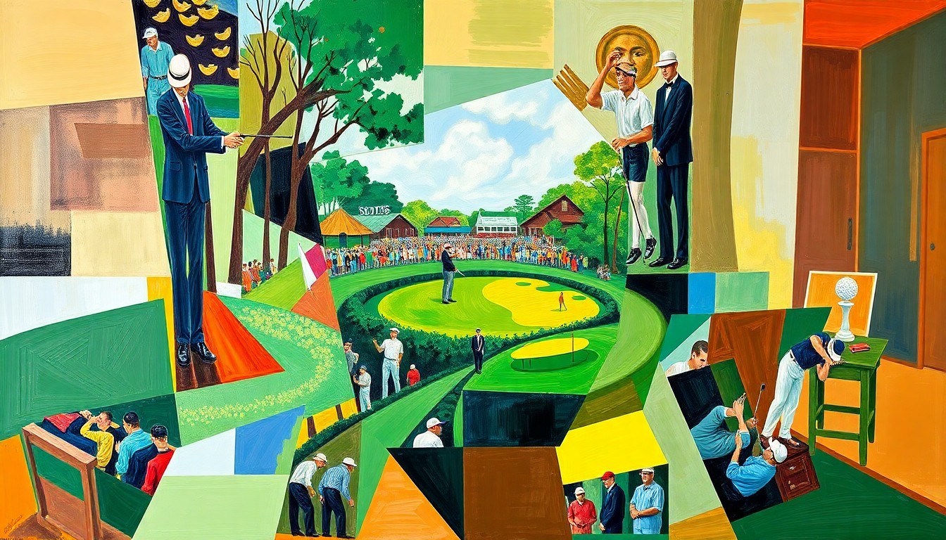 A cubist, geometric painting depicting the golf action and competition at the Masters tournament, with sharp, overlapping planes of color representing the various elements of the game.