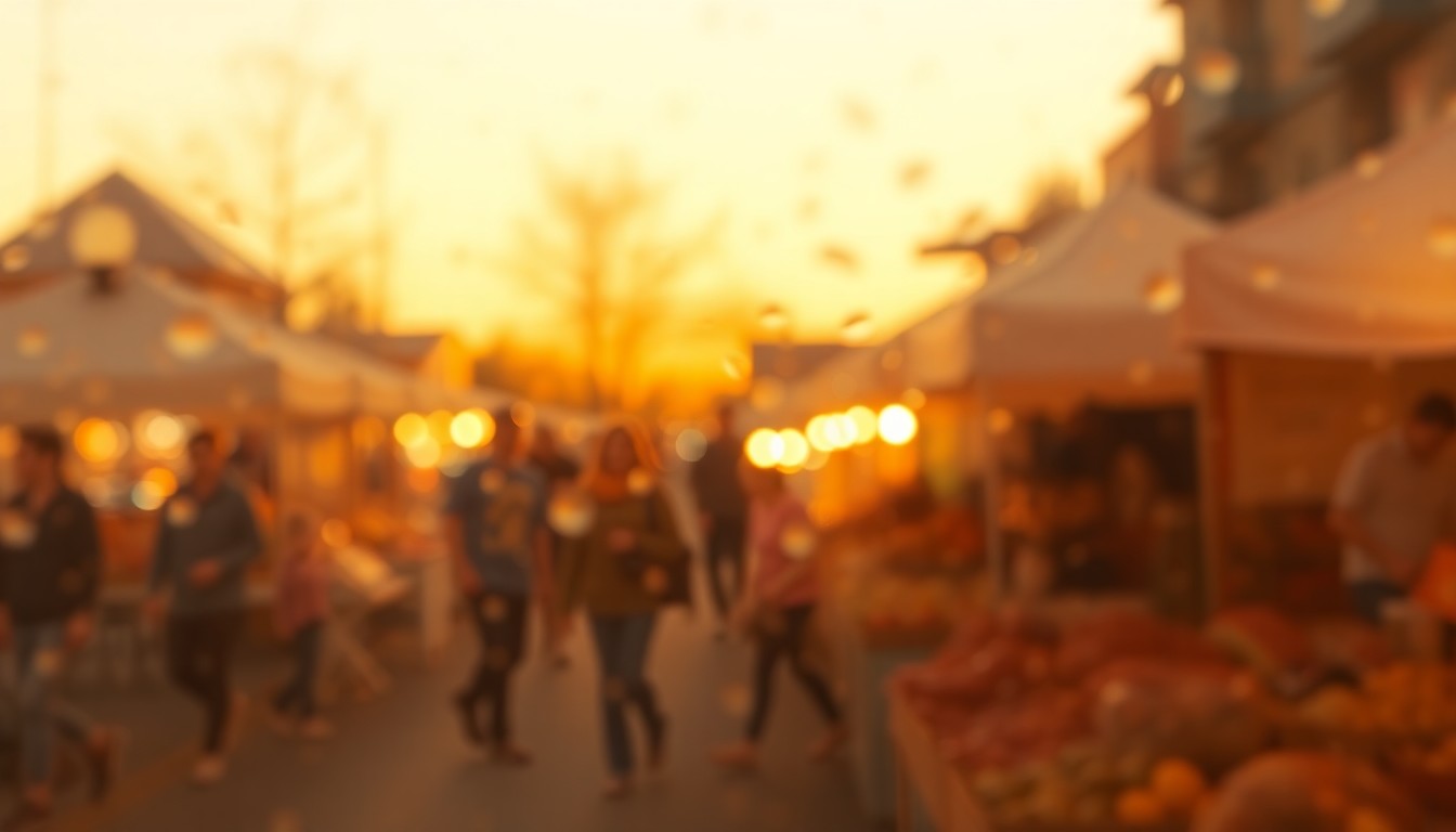An abstract, impressionistic scene of blurred shapes and colors representing an evening farmers market, with soft, warm lighting and a sense of community energy.