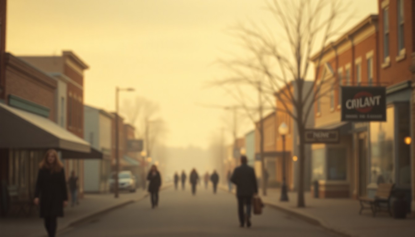 A soft, out-of-focus photograph in warm, muted tones depicting a small-town main street scene with blurred silhouettes of people walking, conceptually representing the quiet, nostalgic atmosphere of a close-knit community.