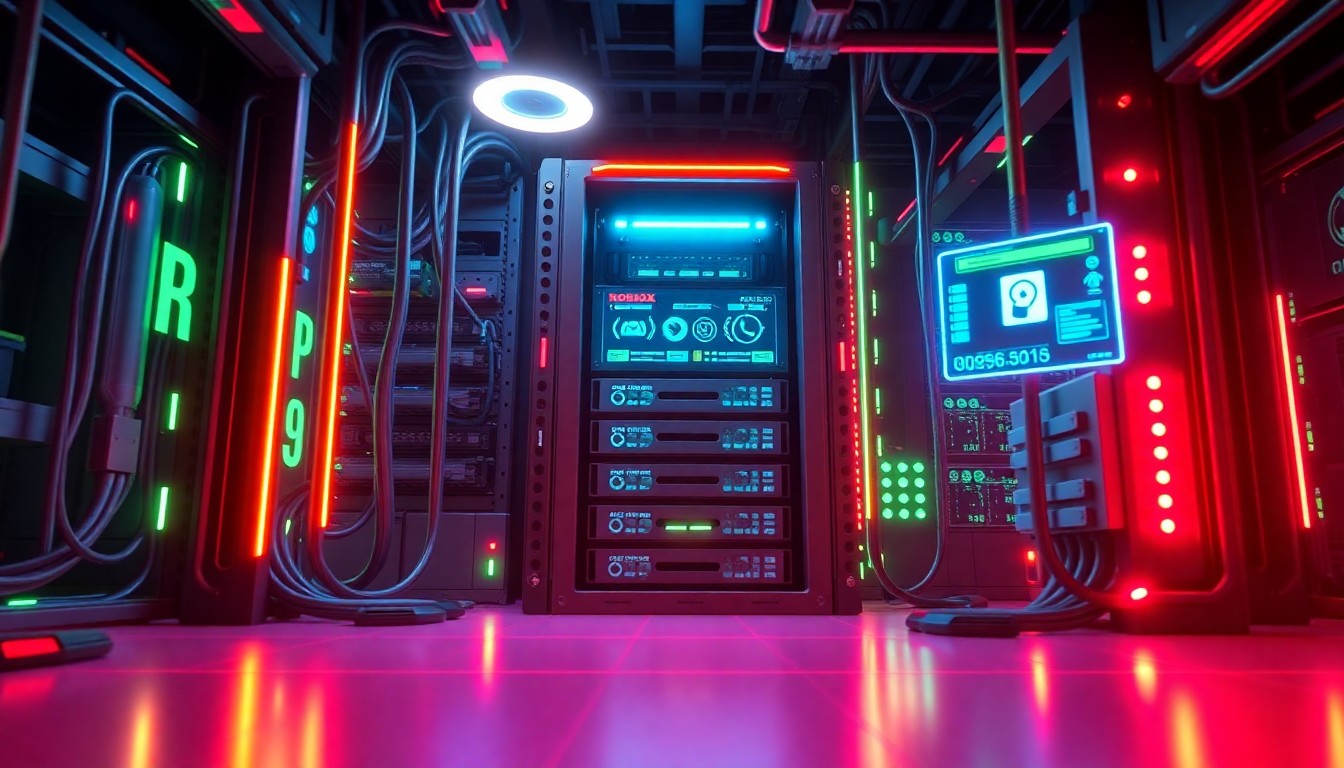 A highly detailed, neon-infused 3D illustration of a glowing, futuristic Roblox game server rack, with pulsing cables and holographic user interface elements, conceptually representing the technological advancements being made to enhance child safety on the platform.