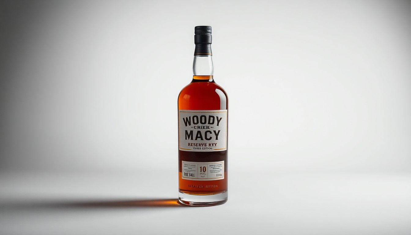 A photorealistic studio still-life image of a single bottle of Woody Creek's William H. Macy Reserve Rye Third Edition, featuring a polished glass and metal bottle resting on a clean, monochromatic background with dramatic lighting and deep shadows to convey the spirit's premium craftsmanship.