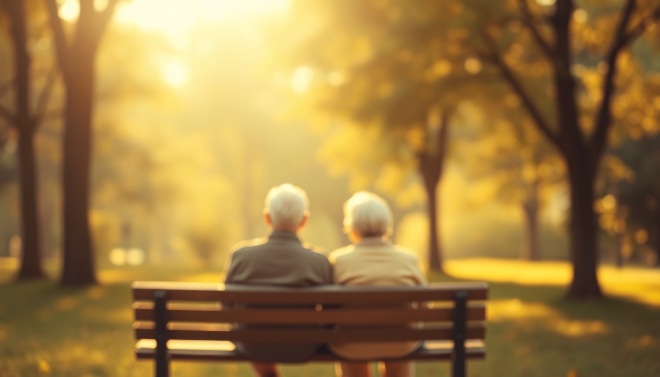A softly blurred, impressionistic photograph showing an elderly couple sitting on a park bench, surrounded by a hazy, dreamlike background of trees and sunlight, conveying a sense of comfort and care.