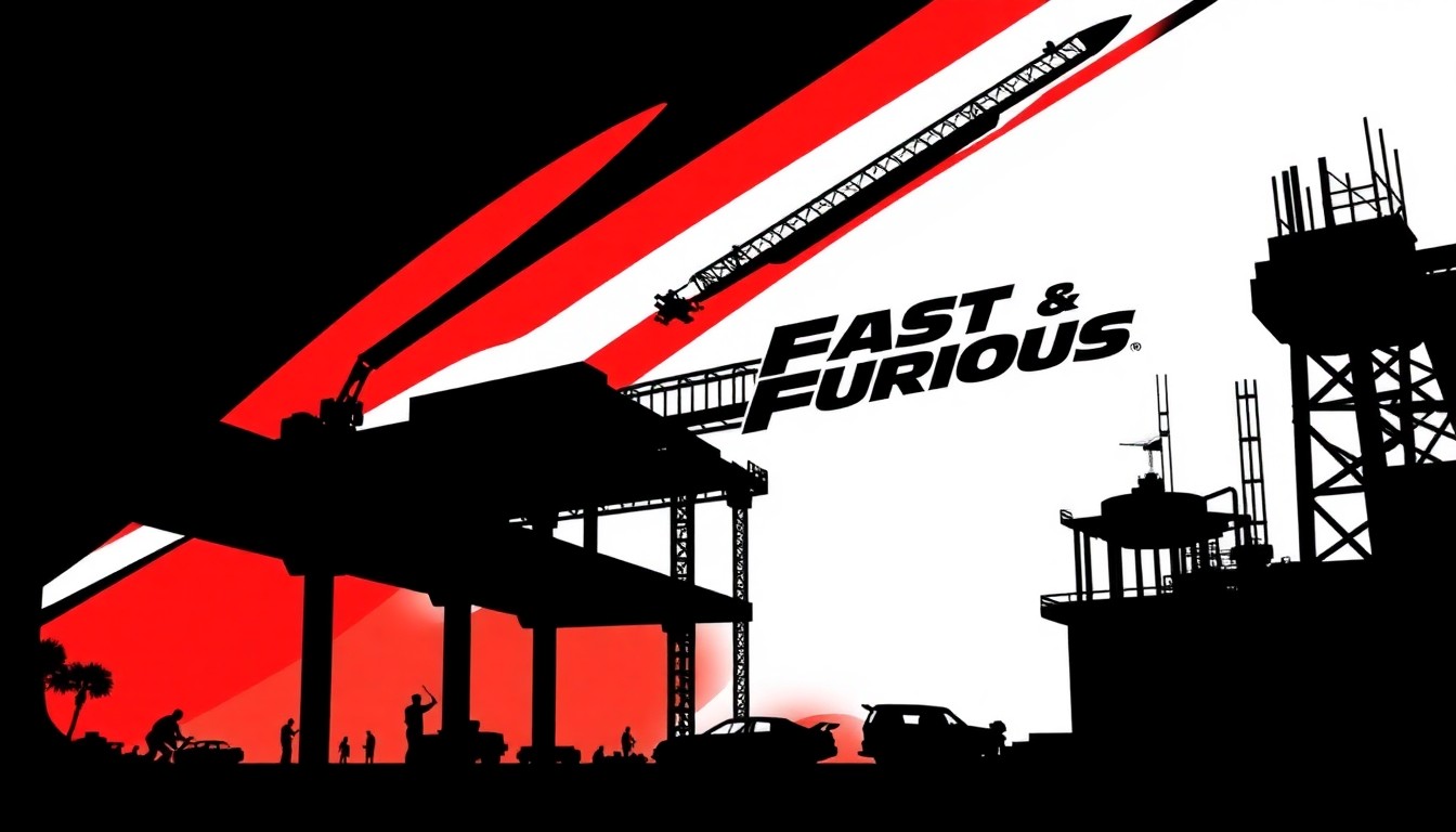 A bold, abstract illustration featuring jagged geometric shapes in high-contrast colors like red and white, representing the construction and development of the new Fast & Furious ride at Universal Orlando Resort.
