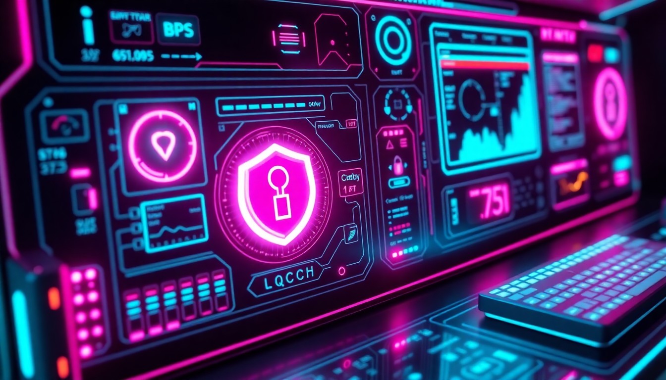 A highly detailed, glowing 3D illustration of a futuristic IoT security control panel or dashboard, featuring neon cyan and magenta lights illuminating the various sensors, ports, and digital interfaces, conceptually representing the secure and interconnected nature of the IoT ecosystem.