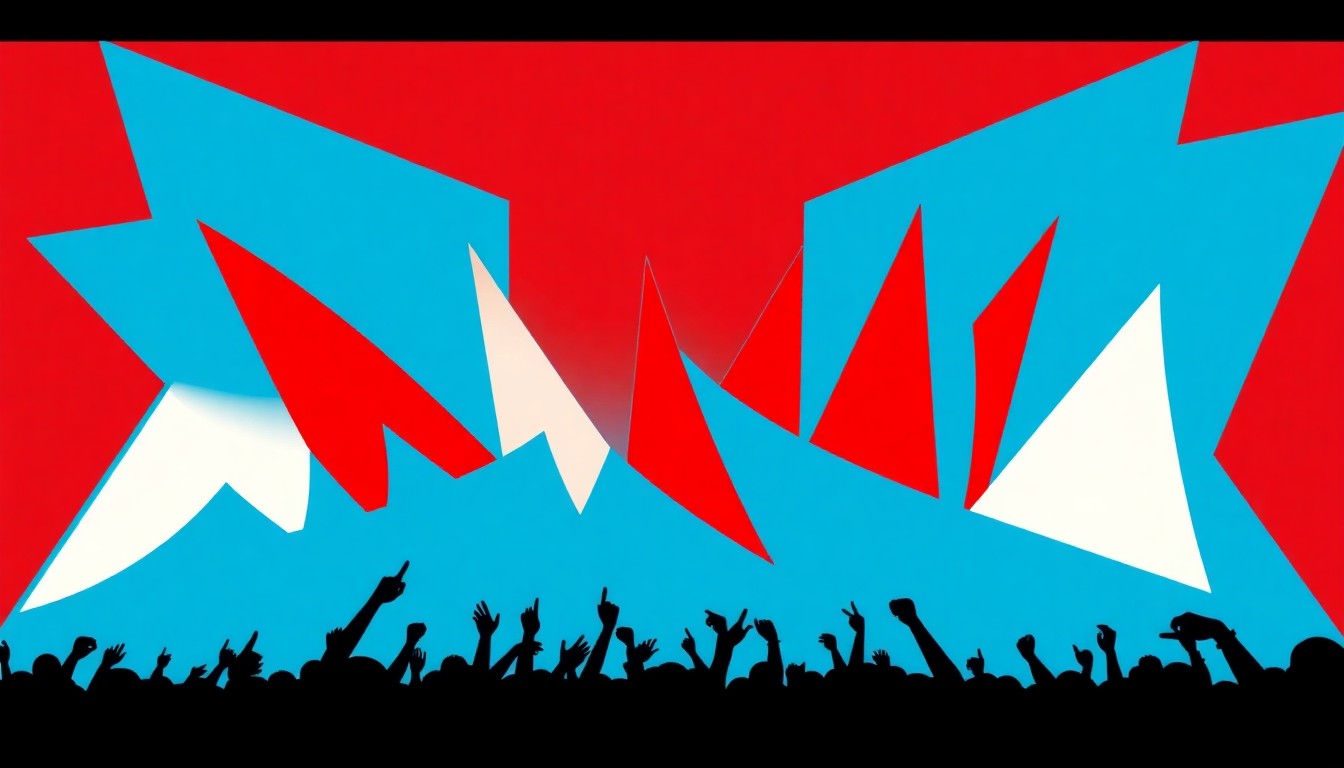 An abstract illustration featuring sharp, angular shapes in vibrant blues, reds, and whites, conveying the high-energy atmosphere of a major music festival performance.