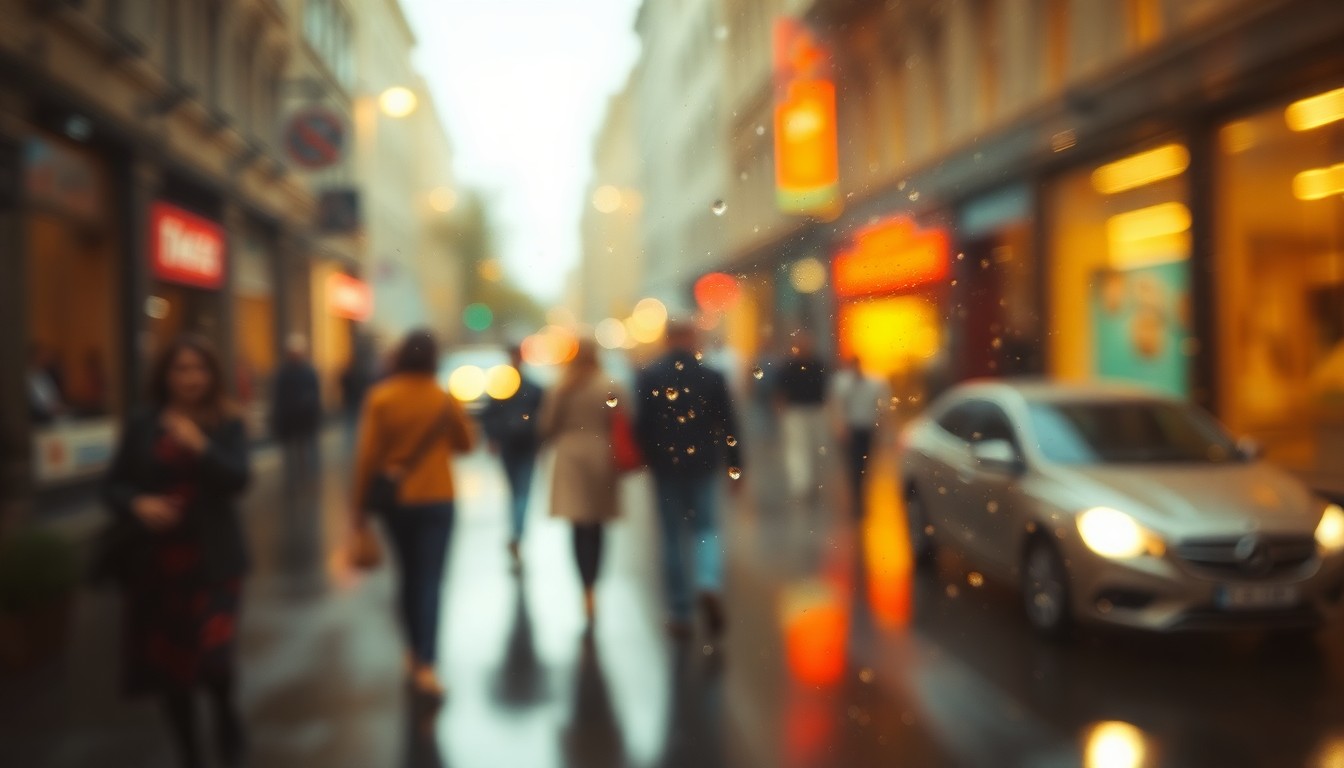 An abstract, impressionistic photograph of people walking along a rainy city street, with soft, blurred pools of warm light and color creating an atmospheric, emotional scene.