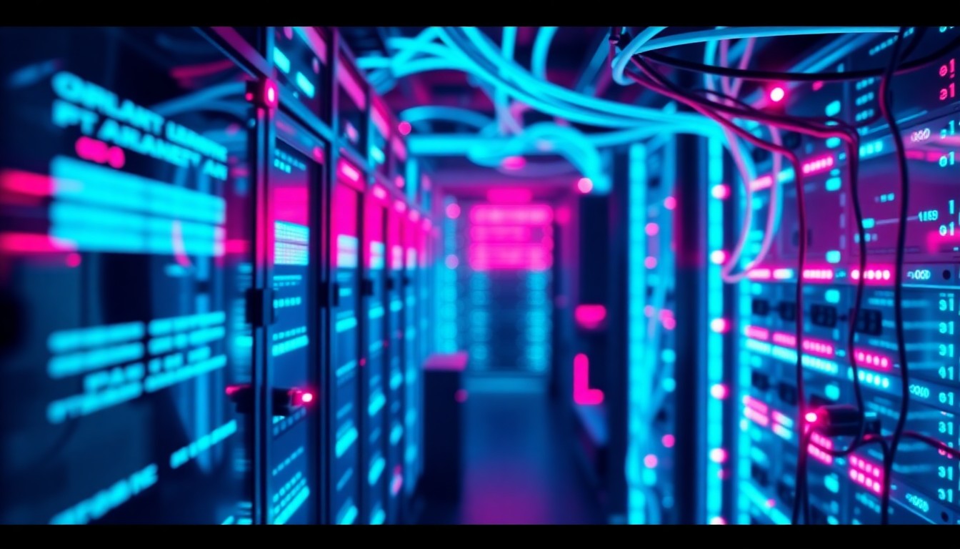 A highly detailed, glowing 3D illustration of a futuristic data center or network infrastructure, with recognizable physical tech elements like servers, cables, and circuit boards illuminated by neon cyan and magenta lights, conceptually representing the technology powering GroundVue's mission to analyze public meeting data.