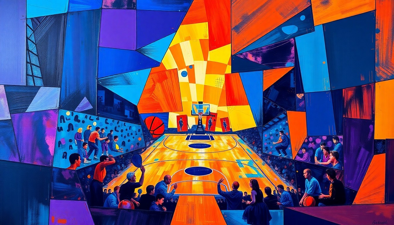 A fragmented, geometric painting depicting the chaotic action of a basketball game, with sharp planes of color and overlapping shapes representing the shifting fortunes and departures of players from the Virginia Tech Hokies.