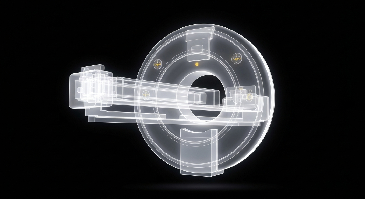 A ghostly, translucent X-ray image of a veterinary MRI machine, its internal components glowing against a dark background, conveying a sense of resilience and hope.