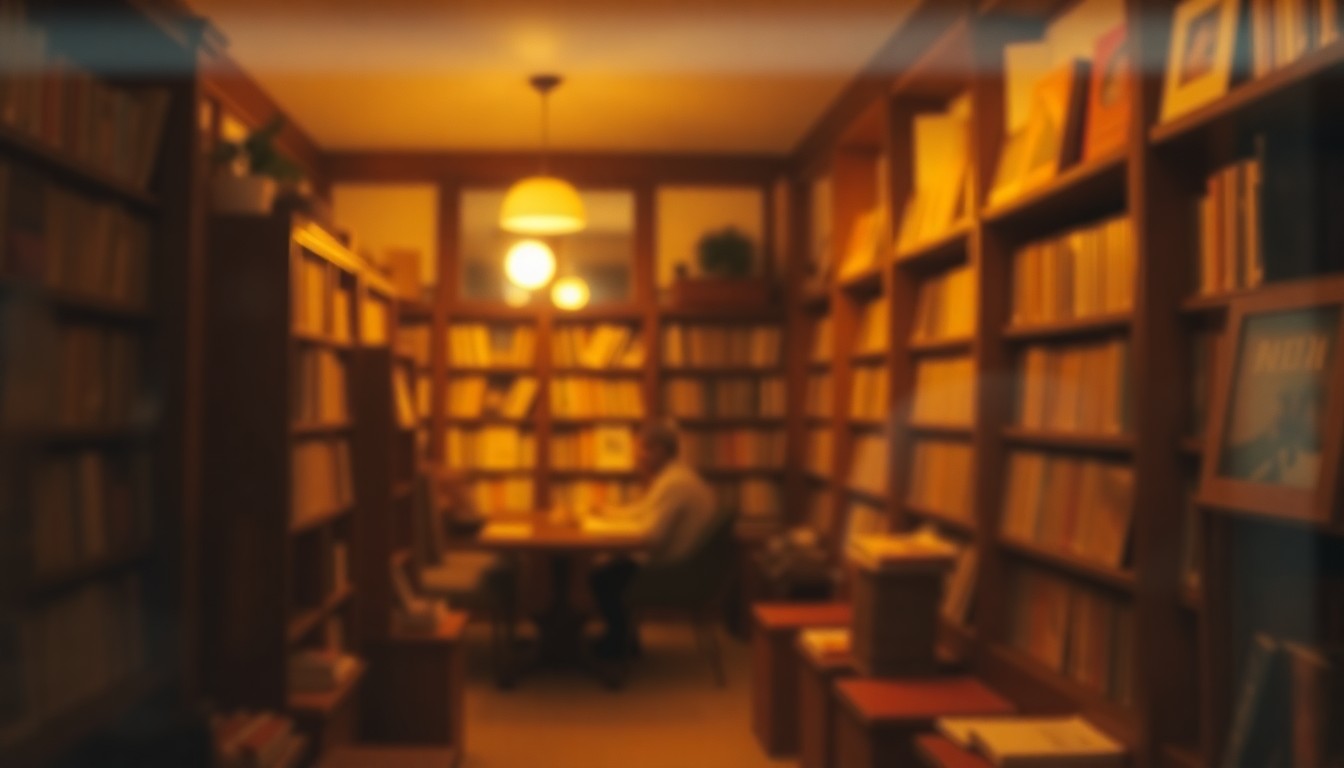 An abstract, impressionistic photograph of a dimly lit bookshop interior, with soft, hazy pools of warm yellow and orange light, conveying the cozy, intimate atmosphere of a literary event.