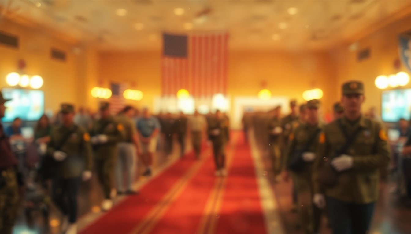 An abstract, impressionistic scene of a military parade or veterans gathering, with soft, blurred brushstrokes of warm colors and gentle light, conveying a sense of community and gratitude.