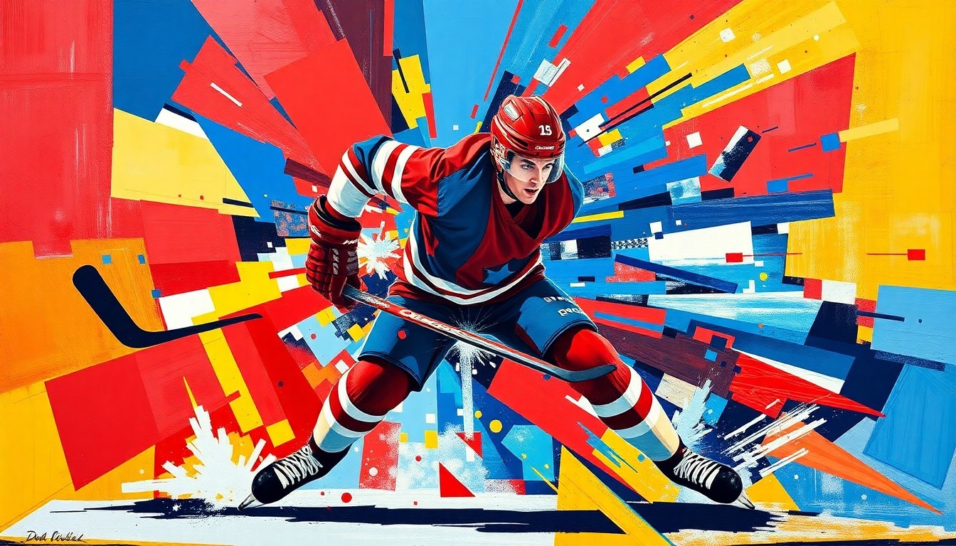 A fragmented, geometric painting in bold primary colors depicting the explosive movements and energy of a hockey player, conveying the dynamic talent and potential of a rising young star.