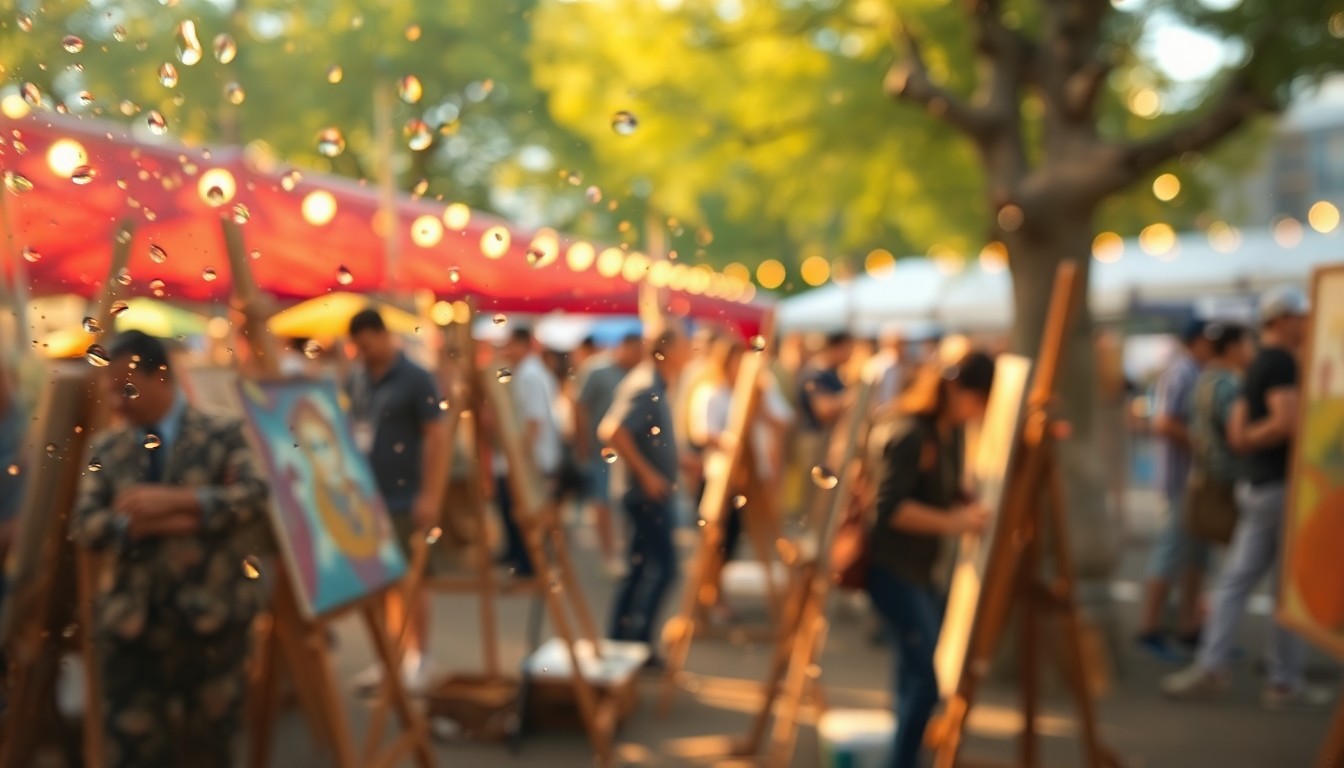 An impressionistic, out-of-focus scene of blurred figures painting outdoors, with soft pools of warm light and color reflecting the vibrant atmosphere of an art festival.