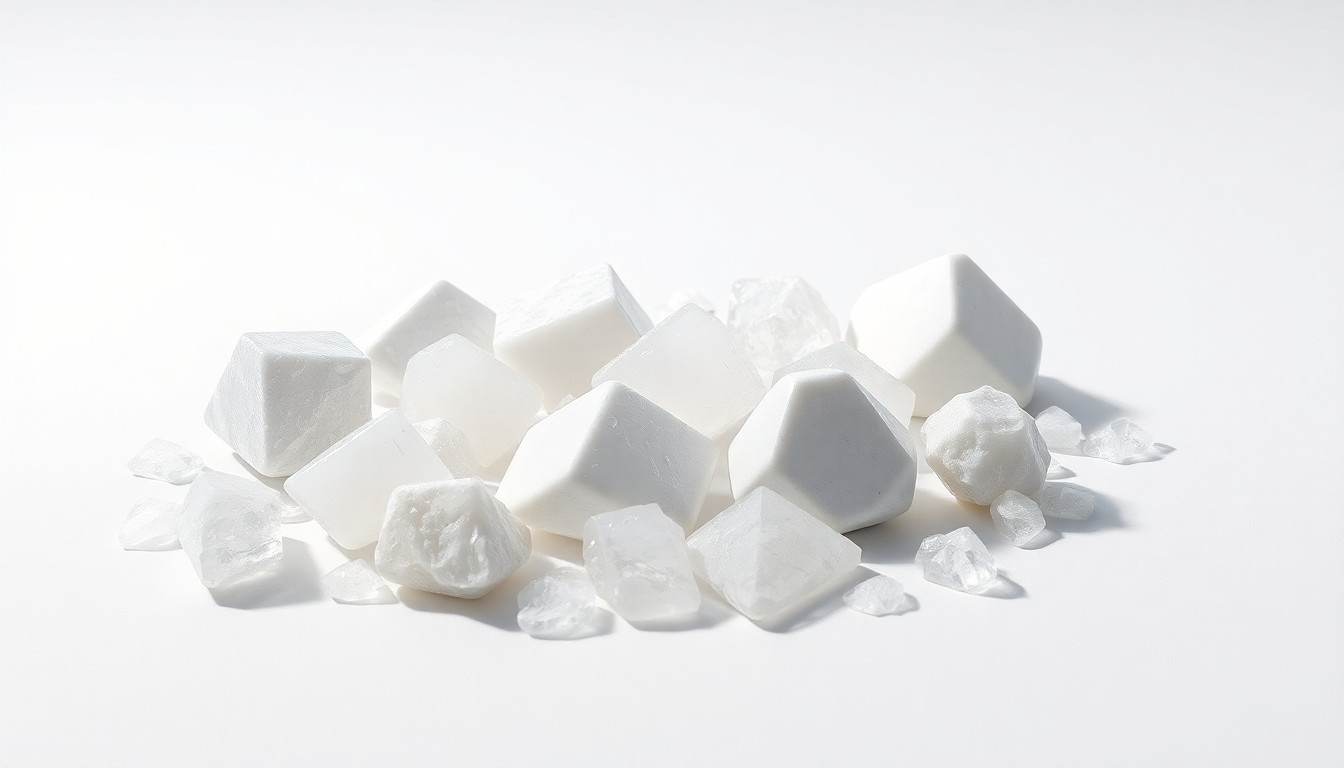 A photorealistic studio still-life image featuring a collection of polished, geometric salt crystals in various shades of white and gray, arranged elegantly on a clean, monochromatic background, conceptually representing the fragile state of the Great Salt Lake.