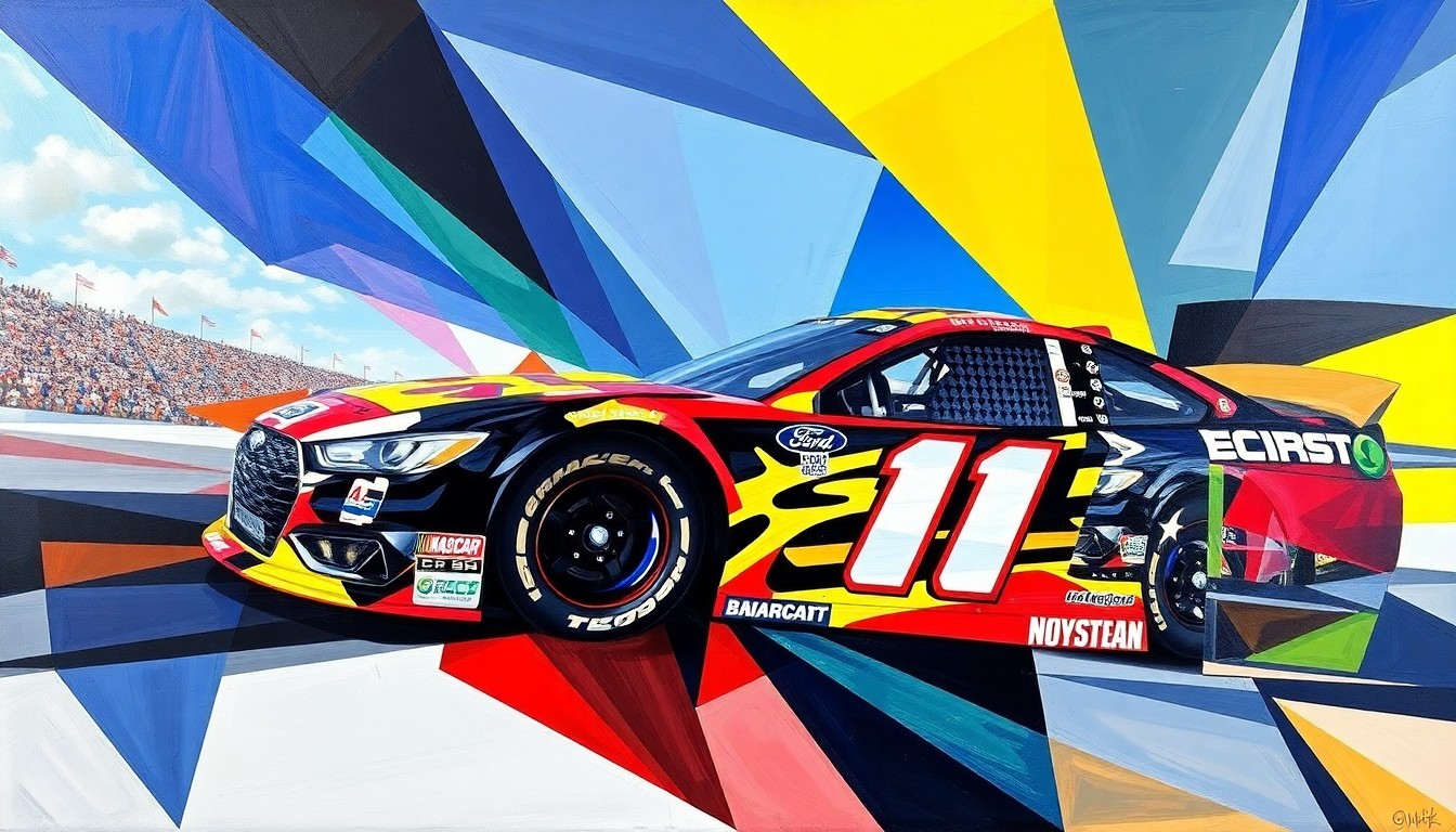 A fractured, cubist-style painting depicting the NASCAR Cup Series race at Bristol Motor Speedway, with the car and driver forms broken down into sharp, overlapping geometric shapes and planes of color, capturing the raw energy and competitive spirit of the event.